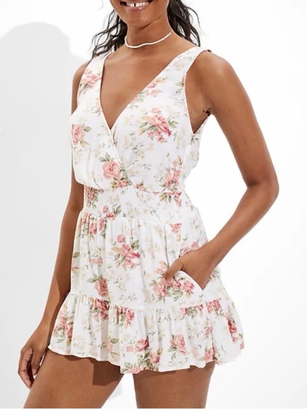 American Eagle Outfitters White Mini Dress with Pink Floral Print